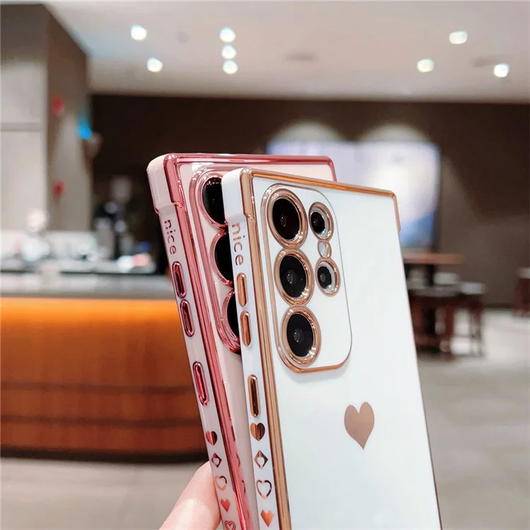 For Samsung Galaxy S24 Ultra Case TPU Phone Back Cover Electroplating Heart Pattern - Rose Pink