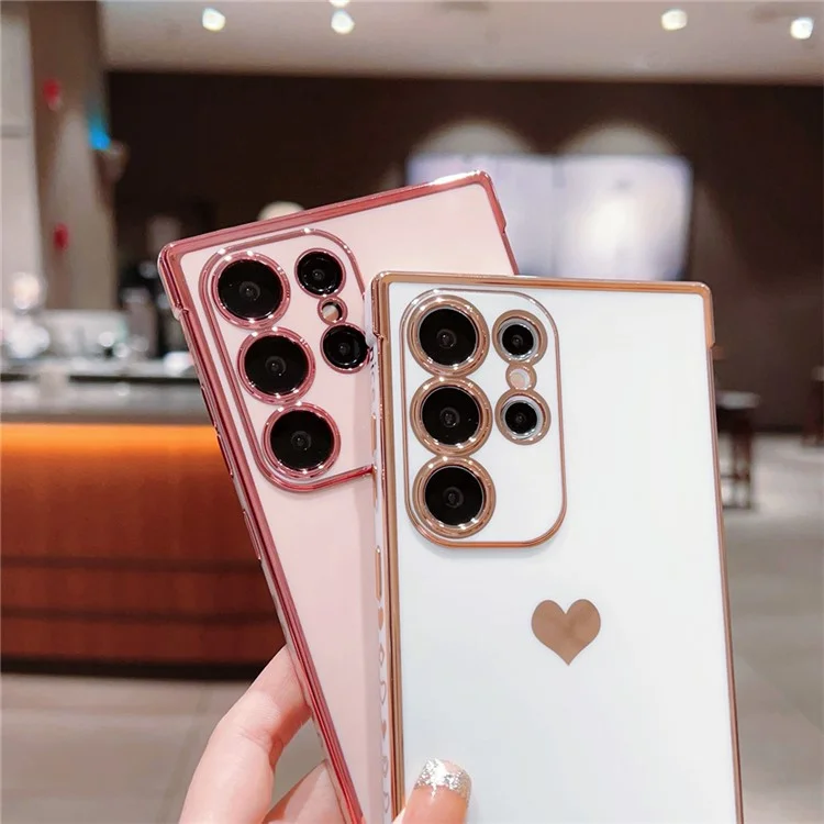 For Samsung Galaxy S24 Ultra Case TPU Phone Back Cover Electroplating Heart Pattern - Rose Pink