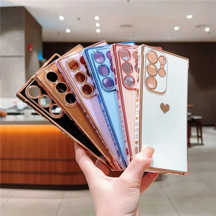 For Samsung Galaxy S24 Ultra Case TPU Phone Back Cover Electroplating Heart Pattern - Rose Pink