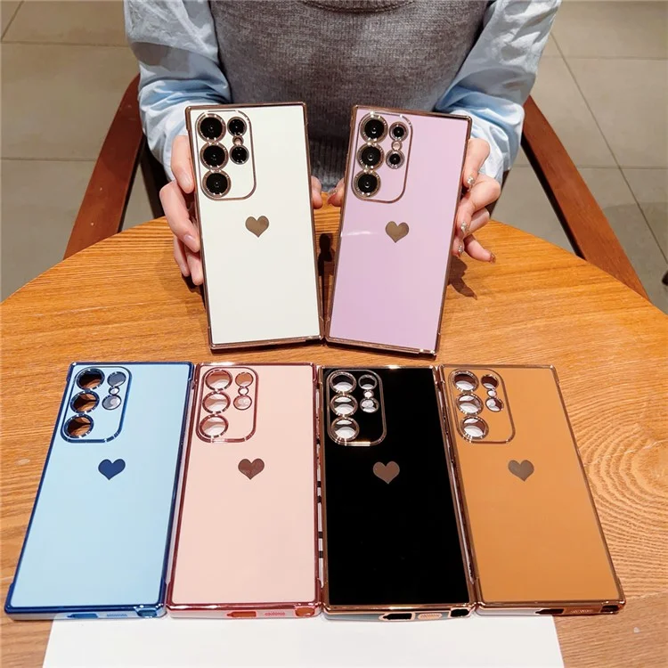 For Samsung Galaxy S24 Ultra Case TPU Phone Back Cover Electroplating Heart Pattern - Rose Pink