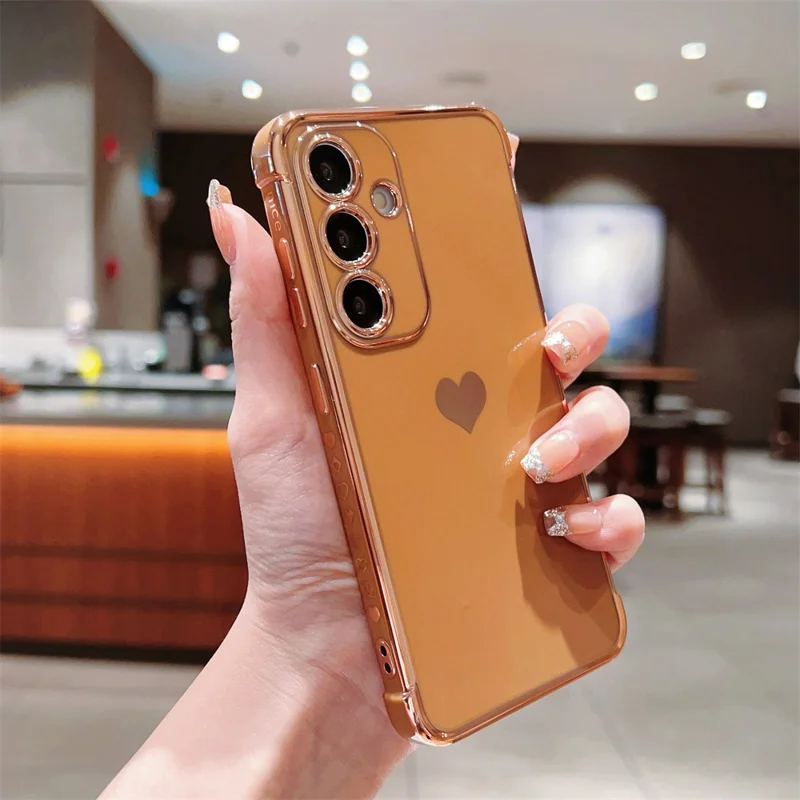 For Samsung Galaxy A16 5G / A16 4G Case TPU Phone Back Cover Electroplating Heart Pattern - Brown