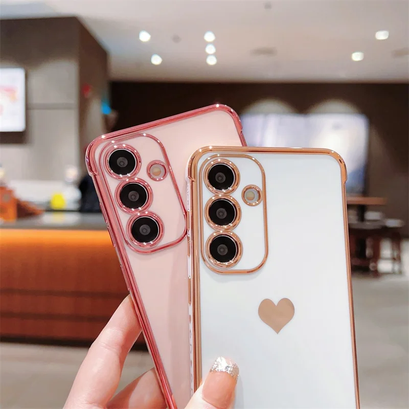 For Samsung Galaxy A16 5G / A16 4G Case TPU Phone Back Cover Electroplating Heart Pattern - Brown