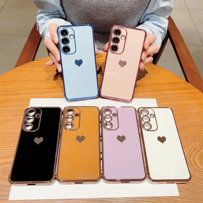 For Samsung Galaxy A16 5G / A16 4G Case TPU Phone Back Cover Electroplating Heart Pattern - Brown