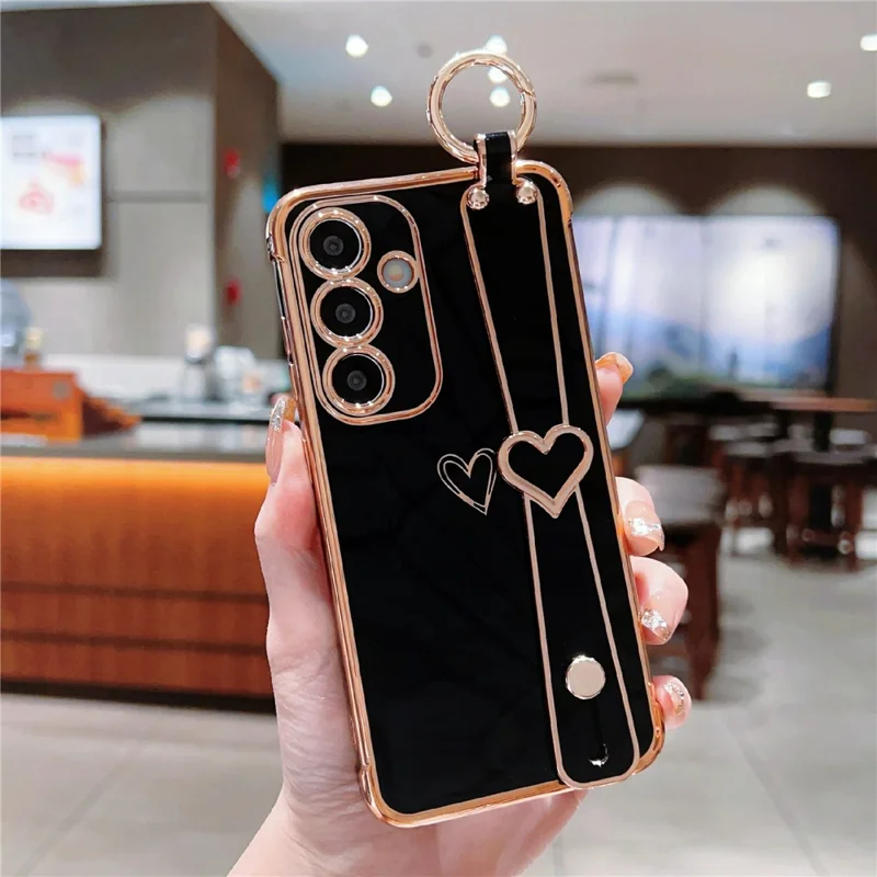 For Samsung Galaxy A16 5G / A16 4G Case Electroplated Heart Pattern TPU Phone Back Cover with Wristband Kickstand - Black