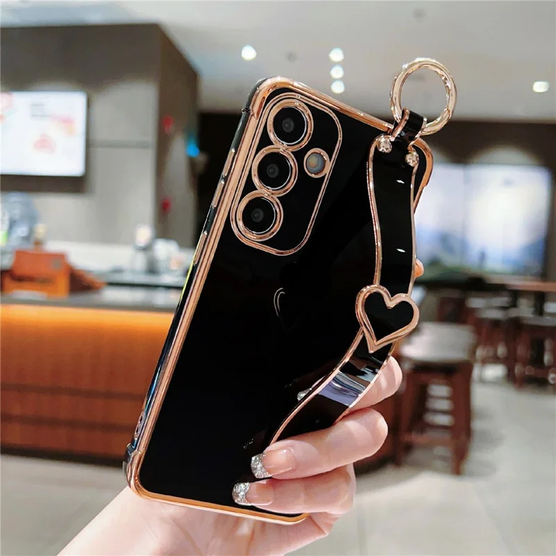 For Samsung Galaxy A16 5G / A16 4G Case Electroplated Heart Pattern TPU Phone Back Cover with Wristband Kickstand - Black