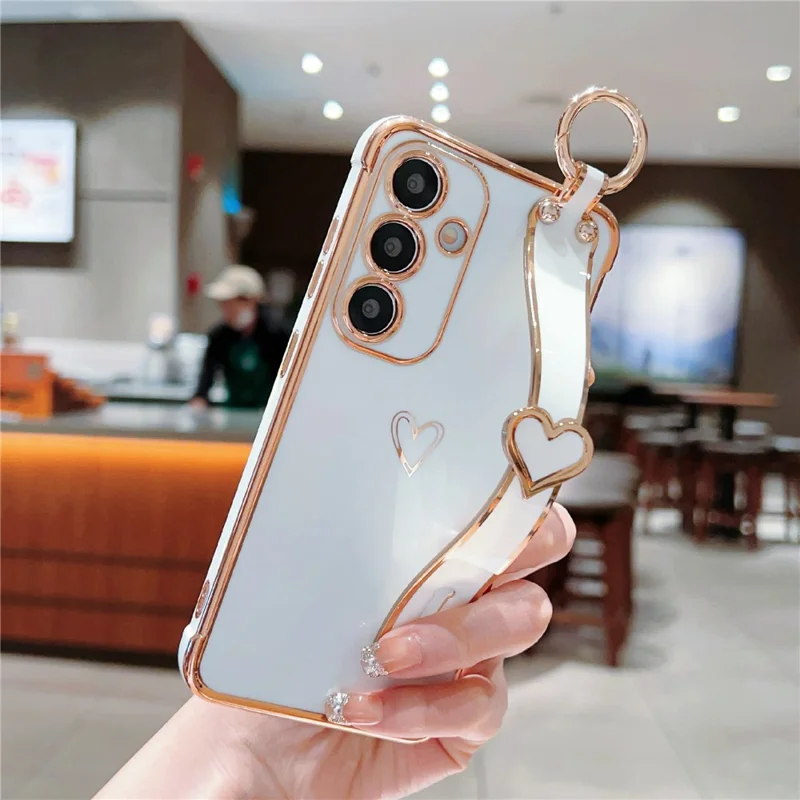 For Samsung Galaxy A55 5G Case Electroplated Heart Pattern TPU Phone Back Cover with Wristband Kickstand - Ivory White