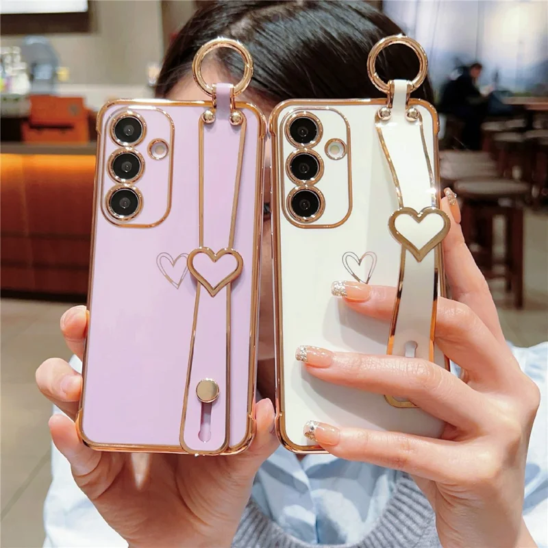 For Samsung Galaxy A55 5G Case Electroplated Heart Pattern TPU Phone Back Cover with Wristband Kickstand - Ivory White