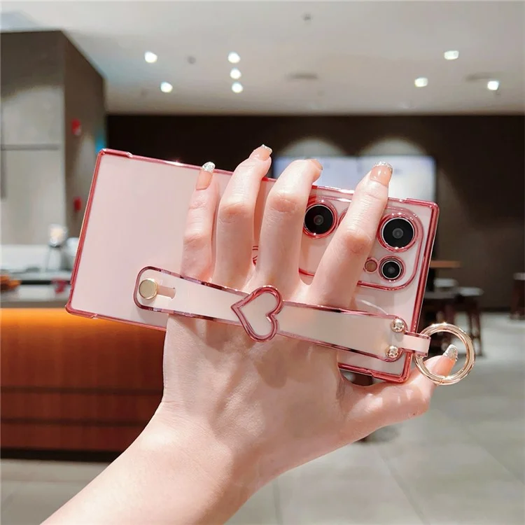 Capa para Samsung Galaxy S24 Ultra Eletroplatada com Padrão de Coração em TPU, Suporte para Pulseira e Apoio - Rosa