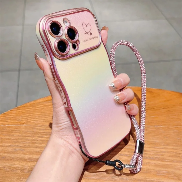 Capa para iPhone 16 Pro Max com alça, capa traseira de TPU com design cintilante em forma de coração enrolado - Rosa colorido