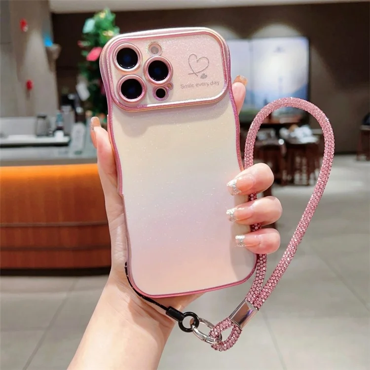 Capa para iPhone 16 Pro Max com alça, capa traseira de TPU com design cintilante em forma de coração enrolado - Rosa colorido