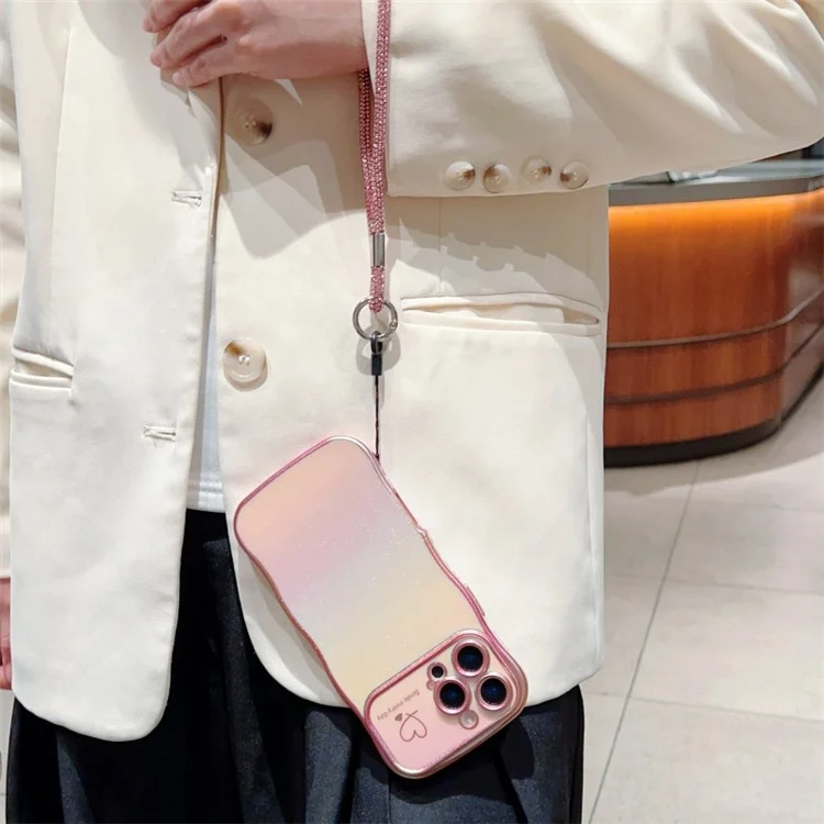 Capa para iPhone 16 Pro Max com alça, capa traseira de TPU com design cintilante em forma de coração enrolado - Rosa colorido