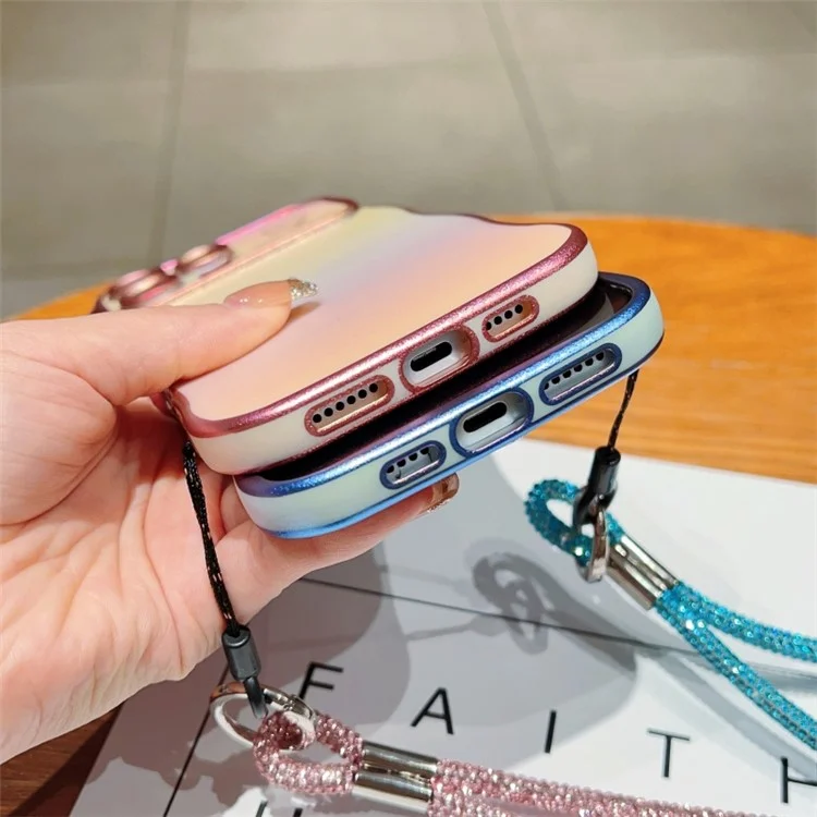 Capa para iPhone 16 Pro Max com alça, capa traseira de TPU com design cintilante em forma de coração enrolado - Rosa colorido