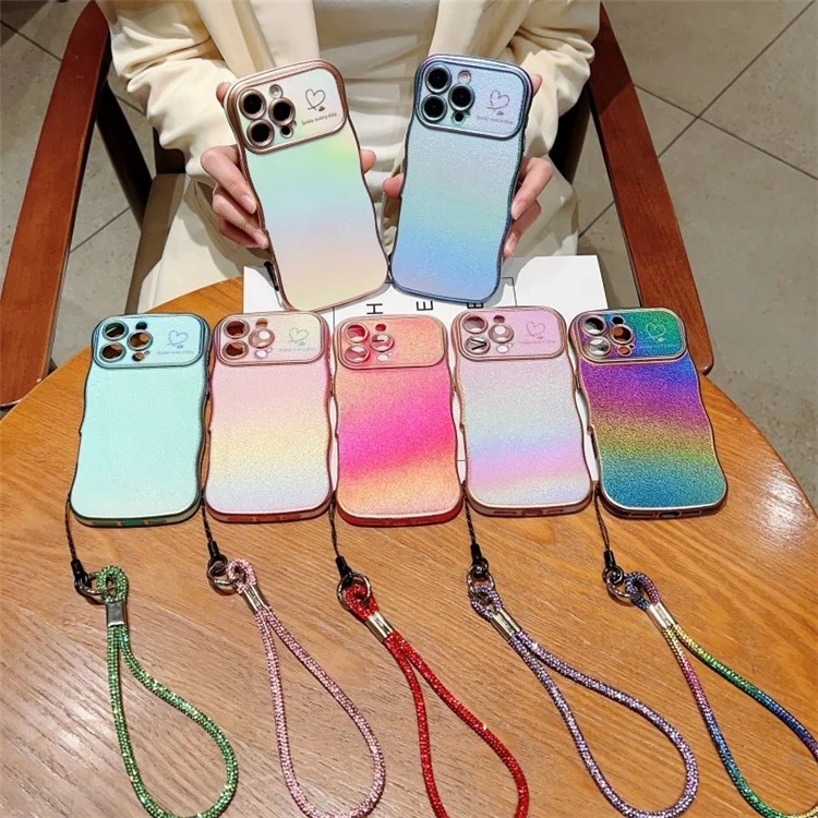 Capa para iPhone 16 Pro Max com alça, capa traseira de TPU com design cintilante em forma de coração enrolado - Rosa colorido