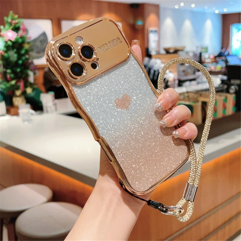 Для iPhone 16 Pro чехол со ремешком Electroplating TPU чехол для телефона Любовное сердце градиентный блеск - золотой