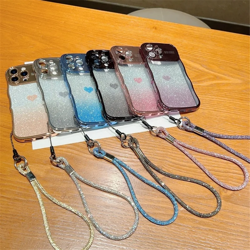 Для iPhone 16 Pro чехол со ремешком Electroplating TPU чехол для телефона Любовное сердце градиентный блеск - золотой