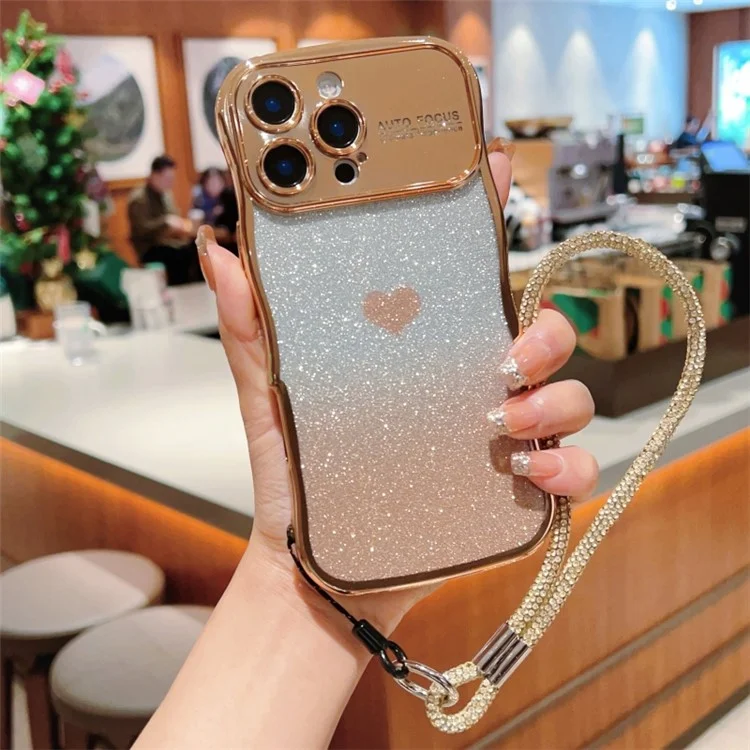Custodia per iPhone 16 Pro Max con cinturino, cover per telefono in TPU con elettroplaccatura, cuore sfumato glitterato - Oro