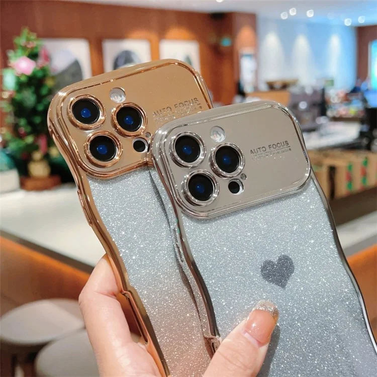 Custodia per iPhone 16 Pro Max con cinturino, cover per telefono in TPU con elettroplaccatura, cuore sfumato glitterato - Oro