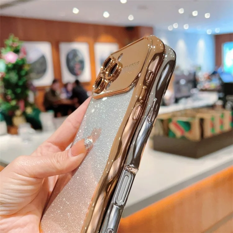 Custodia per iPhone 16 Pro Max con cinturino, cover per telefono in TPU con elettroplaccatura, cuore sfumato glitterato - Oro