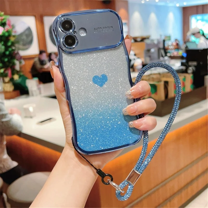 Custodia per iPhone 16 Plus con cinturino, cover per telefono in TPU con elettroplaccatura, cuore d'amore, sfumature e glitter - Blu