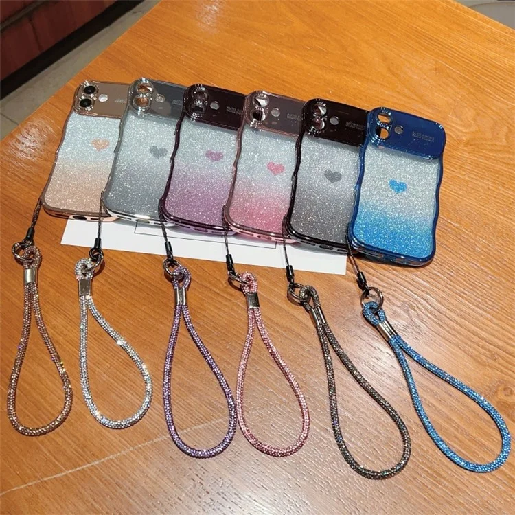 Custodia per iPhone 16 Plus con cinturino, cover per telefono in TPU con elettroplaccatura, cuore d'amore, sfumature e glitter - Blu
