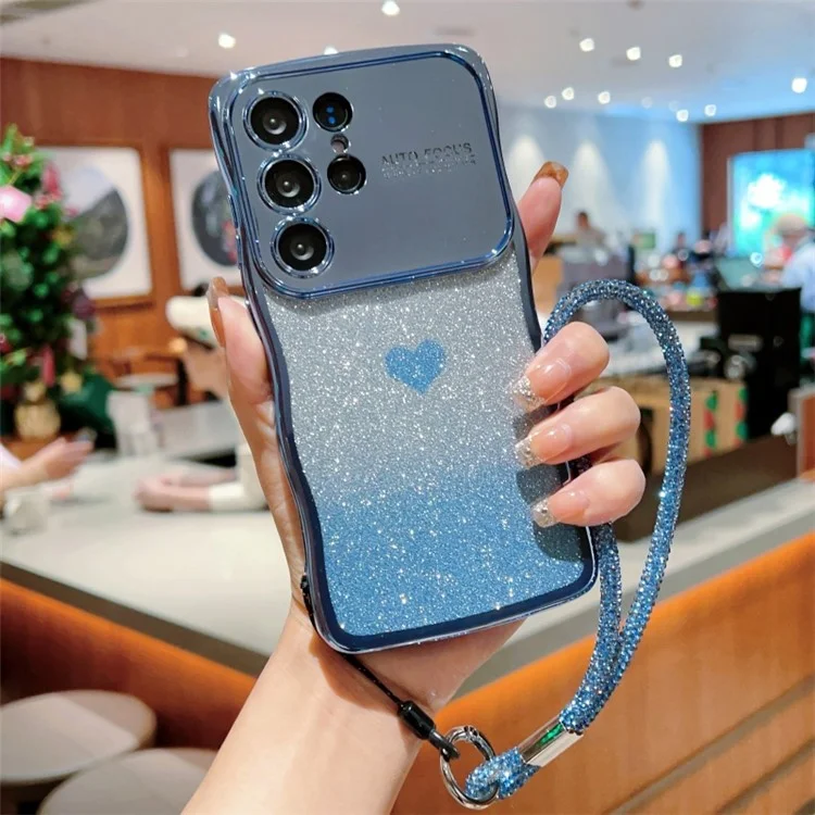 Funda para Samsung Galaxy S24 Ultra con correa, cubierta de teléfono TPU con electrochapado, corazón de amor degradado y brillo - Azul