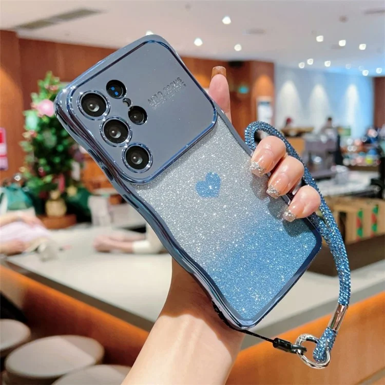 Funda para Samsung Galaxy S24 Ultra con correa, cubierta de teléfono TPU con electrochapado, corazón de amor degradado y brillo - Azul
