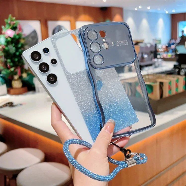 Funda para Samsung Galaxy S24 Ultra con correa, cubierta de teléfono TPU con electrochapado, corazón de amor degradado y brillo - Azul