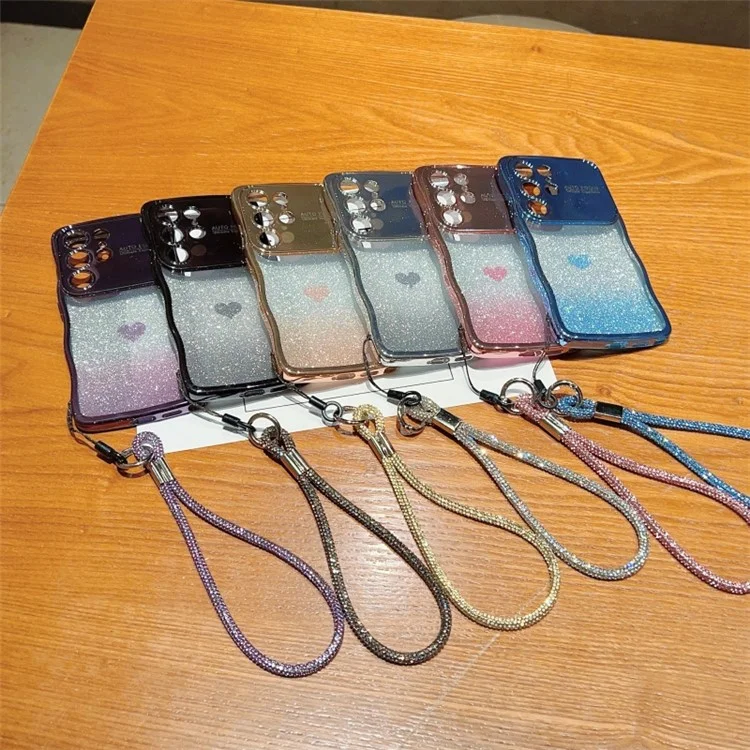 Funda para Samsung Galaxy S24 Ultra con correa, cubierta de teléfono TPU con electrochapado, corazón de amor degradado y brillo - Azul