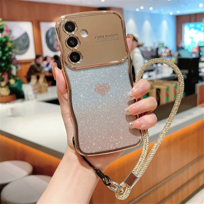 Для чехла Samsung Galaxy S24 FE с ремешком, электрохромный ТПУ-чехол для телефона, градиентный блестящий дизайн в форме сердца - золотой.
