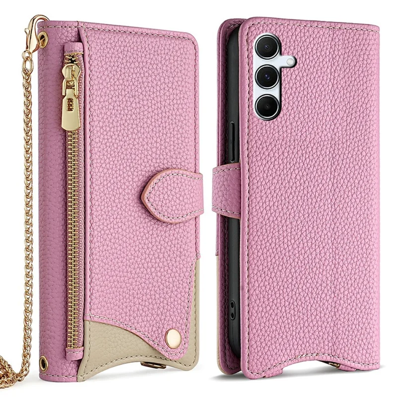 For Samsung Galaxy A26 5G Leather Case Wallet Stand Cover Irregular Tail Style with Chain Strap - Pink