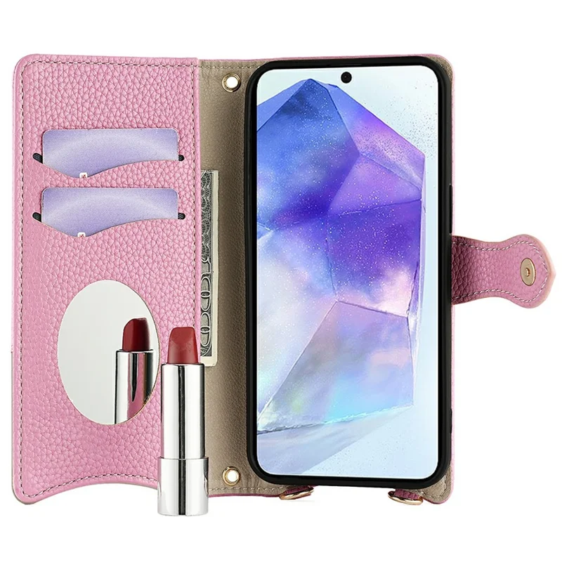 For Samsung Galaxy A26 5G Leather Case Wallet Stand Cover Irregular Tail Style with Chain Strap - Pink