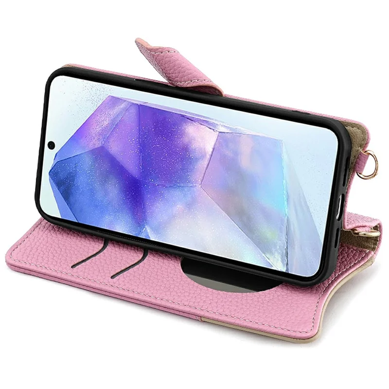For Samsung Galaxy A26 5G Leather Case Wallet Stand Cover Irregular Tail Style with Chain Strap - Pink