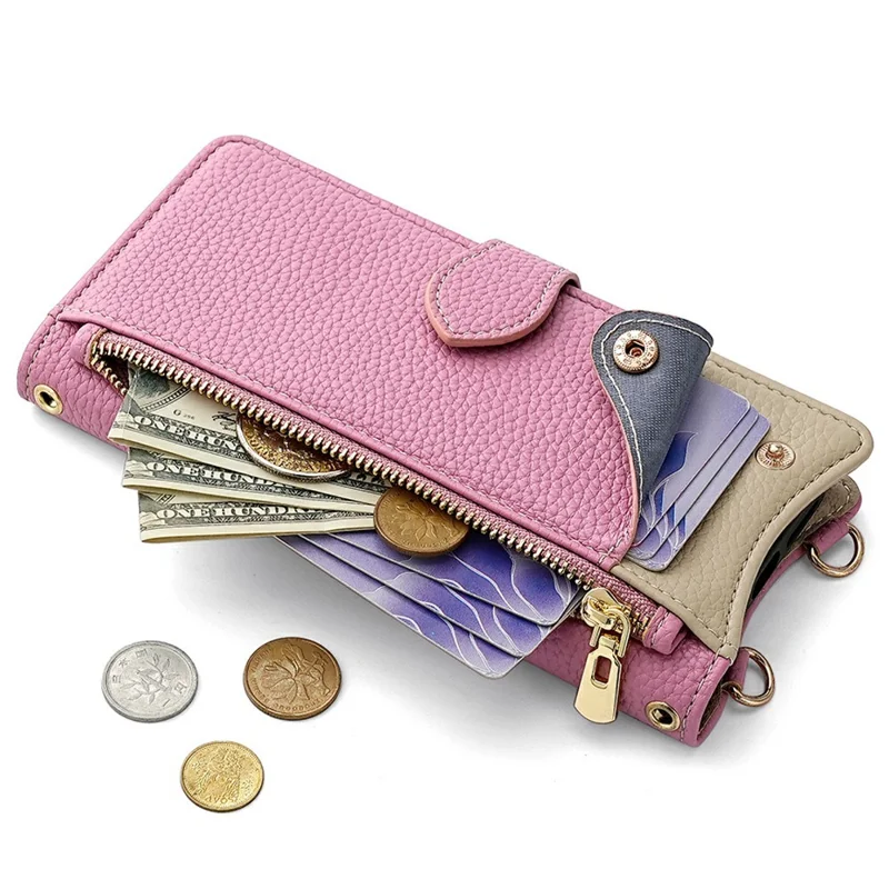 For Samsung Galaxy A26 5G Leather Case Wallet Stand Cover Irregular Tail Style with Chain Strap - Pink