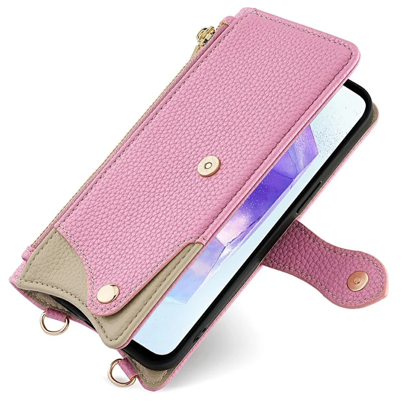 For Samsung Galaxy A26 5G Leather Case Wallet Stand Cover Irregular Tail Style with Chain Strap - Pink
