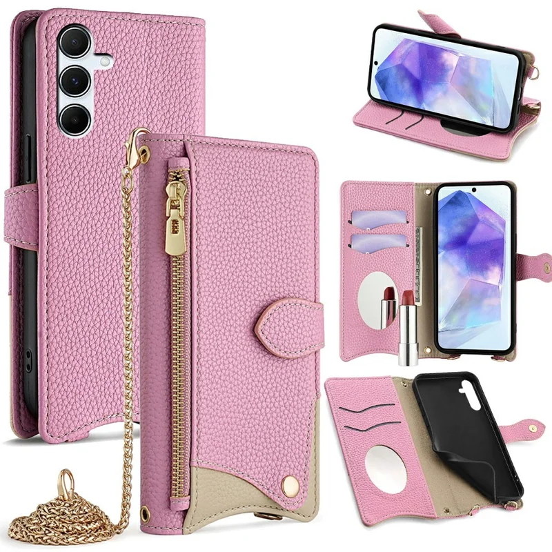 For Samsung Galaxy A26 5G Leather Case Wallet Stand Cover Irregular Tail Style with Chain Strap - Pink