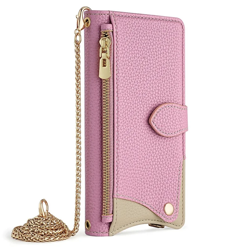 For Samsung Galaxy A26 5G Leather Case Wallet Stand Cover Irregular Tail Style with Chain Strap - Pink