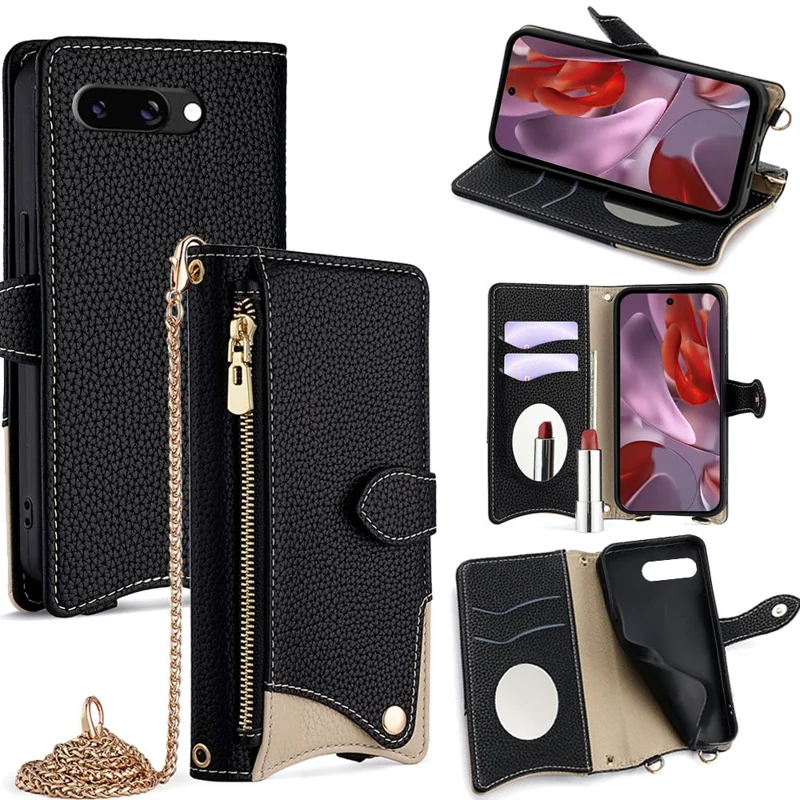 Für Google Pixel 9a Lederetui Geldbörse Ständer Cover Unregelmäßiger Schwanzstil mit Kette - Schwarz
