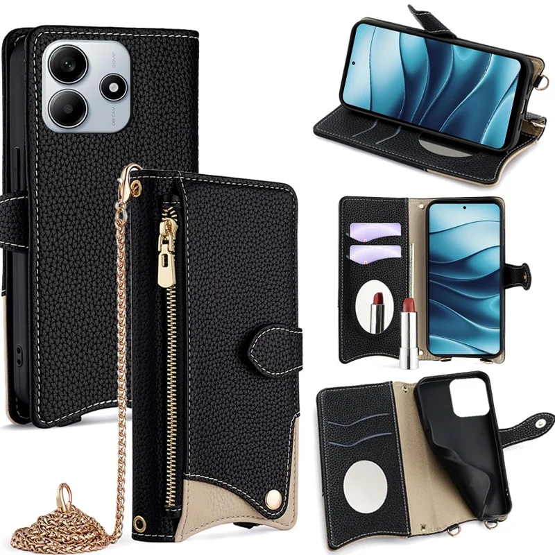 Für Xiaomi Redmi Note 14 5G Leder Hülle Brieftasche Ständer Abdeckung Unregelmäßiger Schwanz Stil mit Kette Gurt - Schwarz
