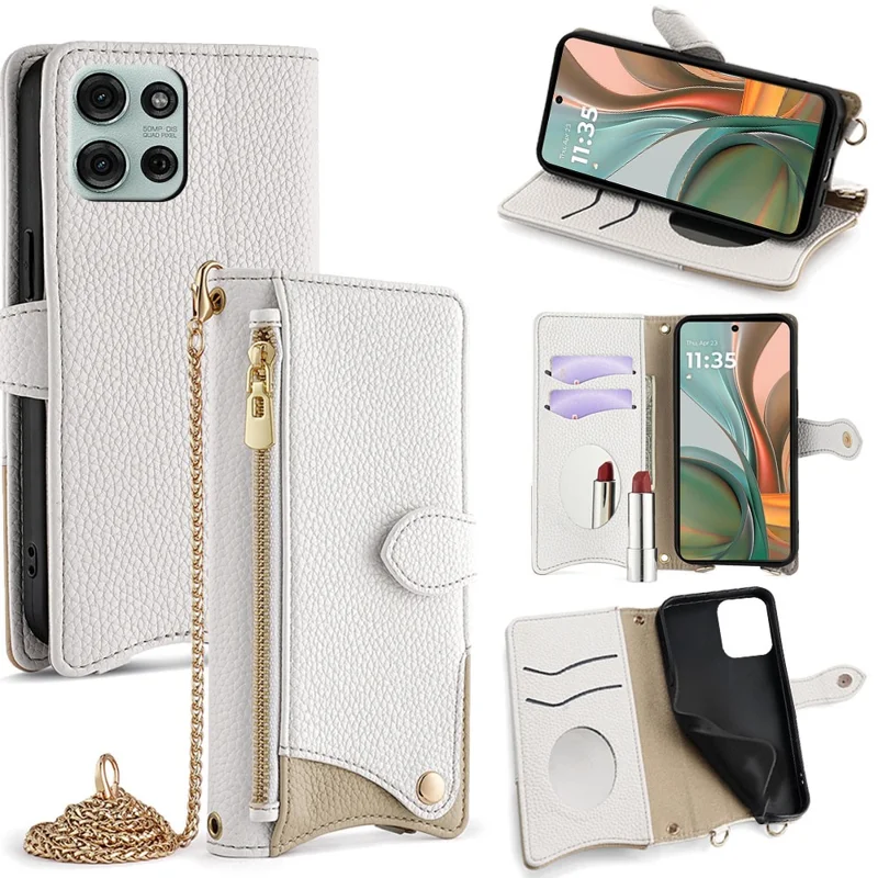 Funda de piel con tapa y soporte para Motorola Moto G755 5G, con estilo de cola irregular y correa con cadena - Blanco