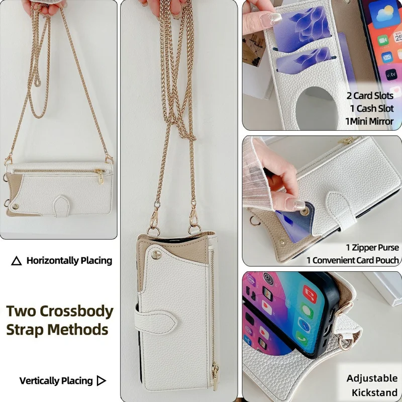 Funda de piel con tapa y soporte para Motorola Moto G755 5G, con estilo de cola irregular y correa con cadena - Blanco