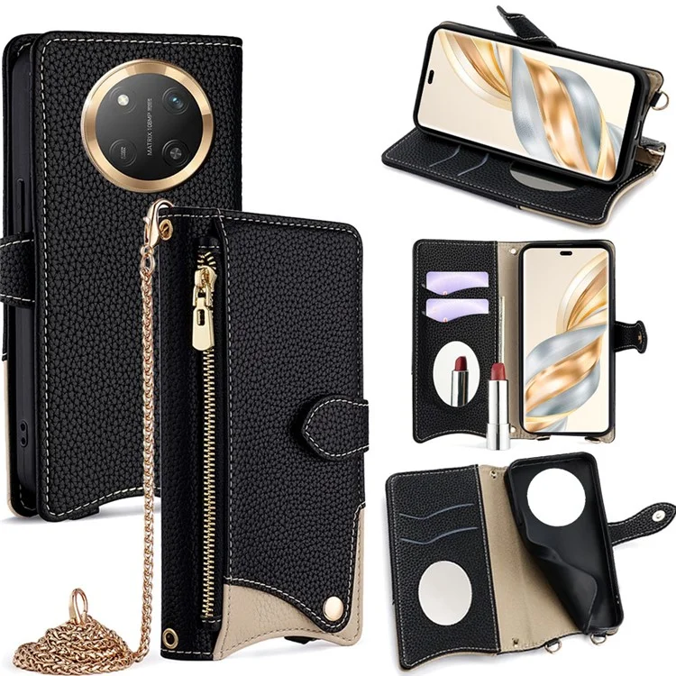 Custodia in pelle per For Honor X60 Pro 5G, stile portafoglio con supporto, coda irregolare con cinturino a catena - Nero