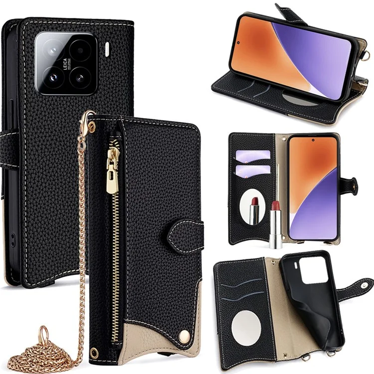 Custodia in pelle per Xiaomi 15, stile portafoglio con supporto, coda irregolare con cinturino a catena - Nero