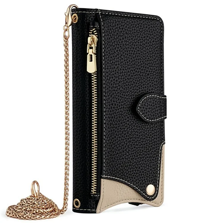 Custodia in pelle per Xiaomi 15, stile portafoglio con supporto, coda irregolare con cinturino a catena - Nero