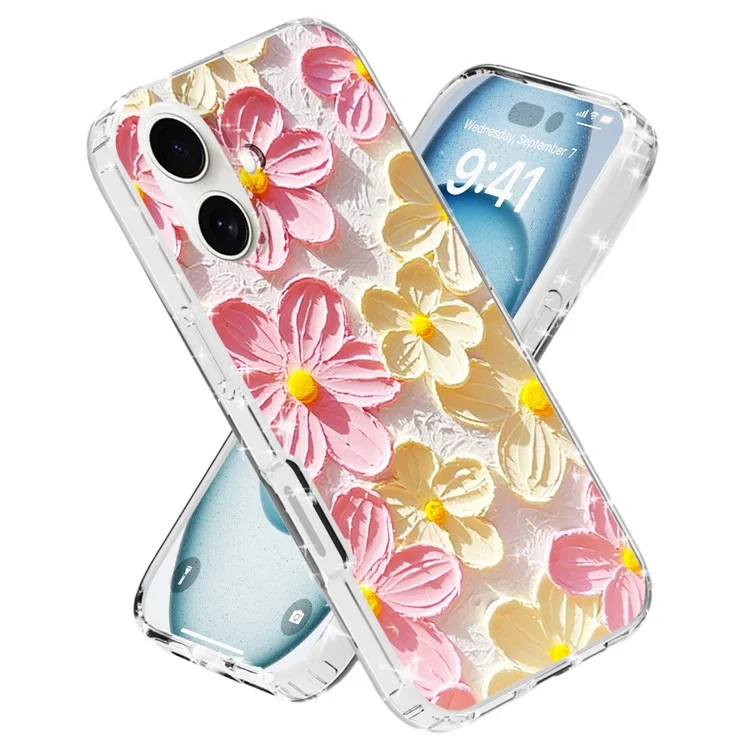 Capa de telefone para iPhone 16 Plus, padrão IMD, impressão em PC TPU, capa móvel - Flor branca de tinta