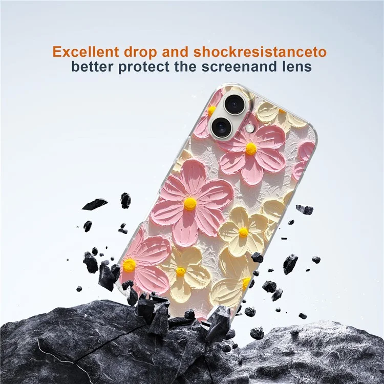 Capa de telefone para iPhone 16 Plus, padrão IMD, impressão em PC TPU, capa móvel - Flor branca de tinta