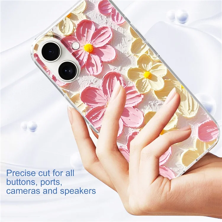 Capa de telefone para iPhone 16 Plus, padrão IMD, impressão em PC TPU, capa móvel - Flor branca de tinta