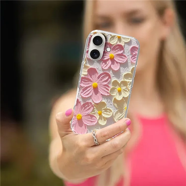 Capa de telefone para iPhone 16 Plus, padrão IMD, impressão em PC TPU, capa móvel - Flor branca de tinta