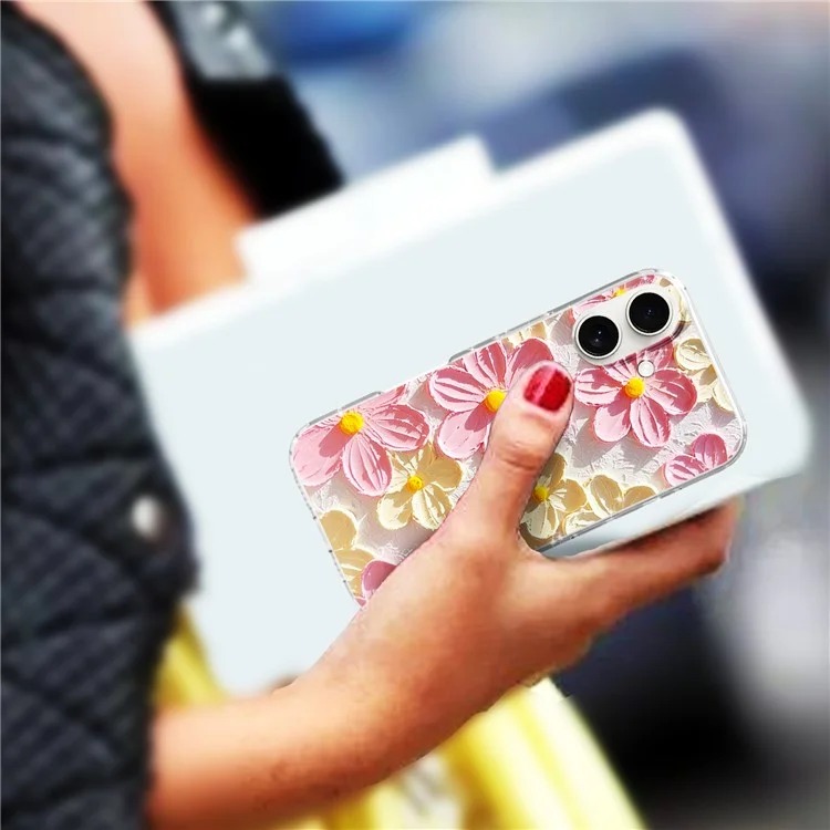 Capa de telefone para iPhone 16, caso IMD, estampa em padrão, PC TPU, capa móvel - Flor branca rosa