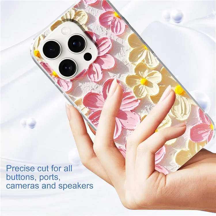 Capa de telefone para iPhone 16 Pro Max, padrão IMD, impressão em PC TPU, capa móvel - Flor branca e rosa