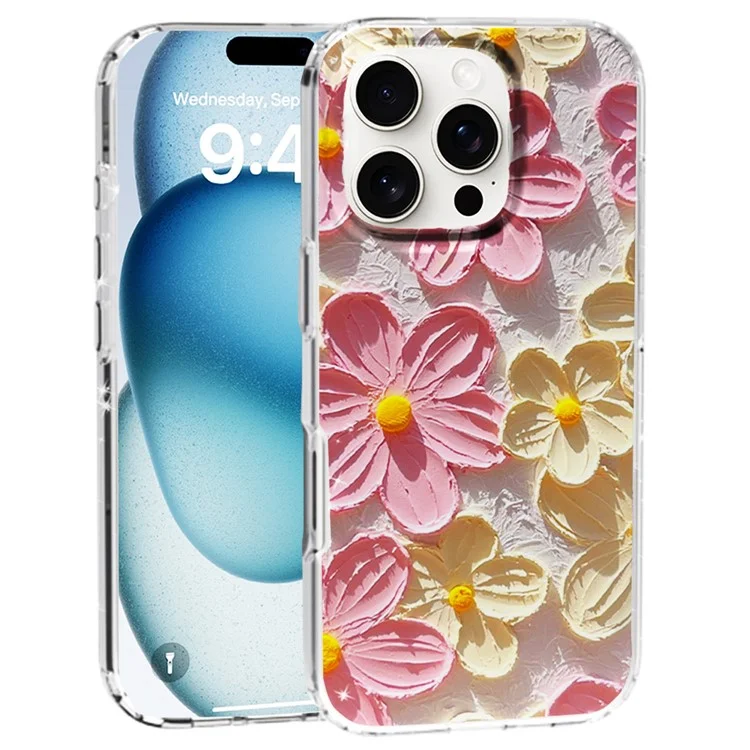 Capa de telefone para iPhone 16 Pro, padrão IMD, impressão em PC TPU, capa móvel - Flor branca rosa